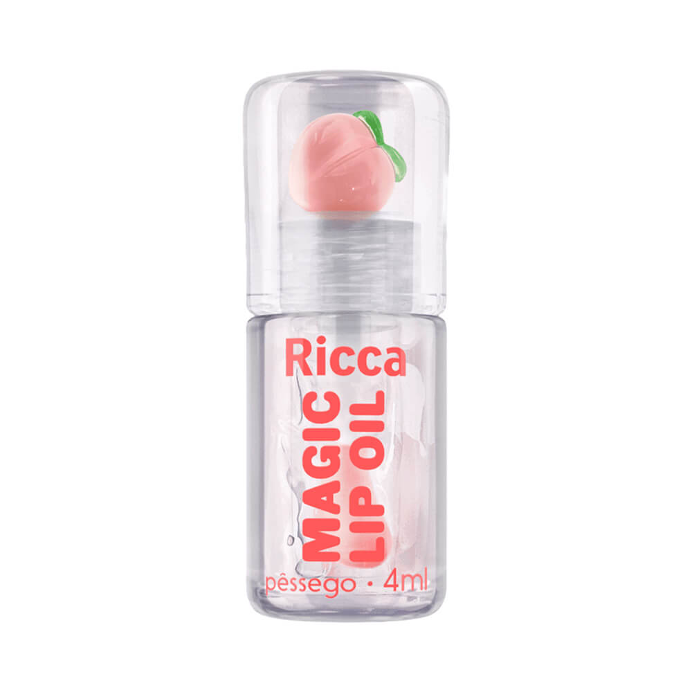 Imagem do Lip Oil Ricca Magic Pêssego em frasco transparente com detalhes em pêssego